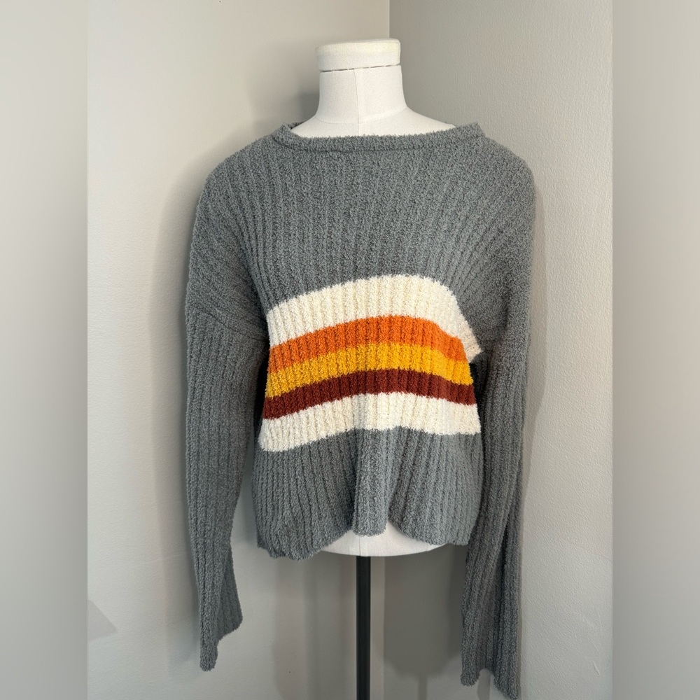 Freshman Brand Cozy Gray Ribbed Sweater with Retro Stripe, EUC, Sz M
